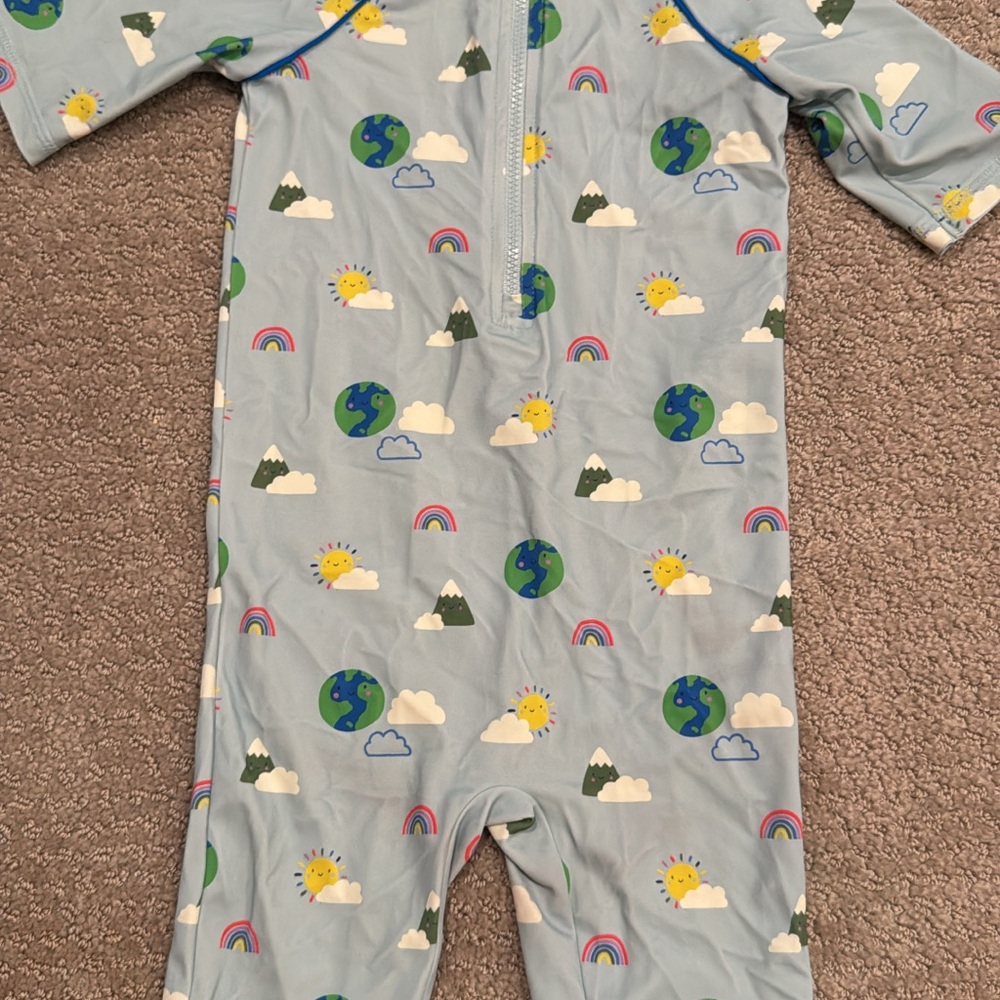 Mini Boden Blue Kids Swim Rashguard with Earth and Rainbow Print